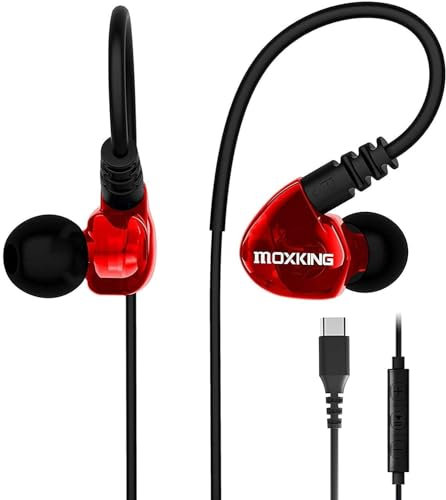 MOXKING USB C Running Sports Earbud, Typ C Kopfhörer verkabelt Over Ear In Ear Headsets Enhanced Bass Stereo Ohrhörer mit Mikrofon und Fernbedienung für Running Jogging Gym (Rot)