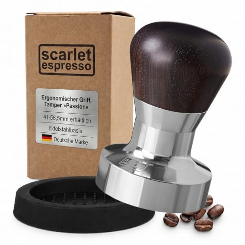 scarlet espresso | Tamper »Passion« für Barista; mit ergonomischem PVC- oder Edelholzgriff nach Wahl und Präzisions-Edelstahlbasis (Set 49 mm & Tamperablage)