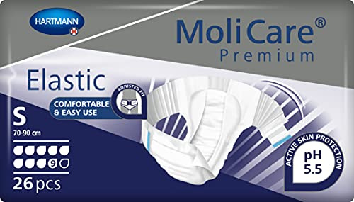 MoliCare Premium Elastic 9 Drops Unisex Adult Nappies, Size S | 26 pairs, three-layer absorbent core for very severe leaks, elasticated side panels, instant-dry feeling, skin-friendly