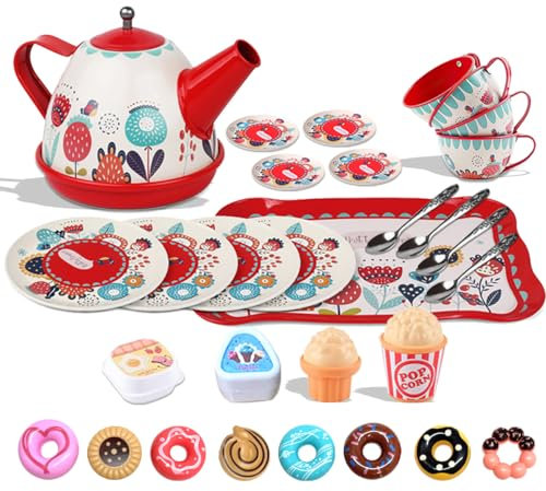 Koolbitz Red Tin Tea Party Set Including Metal Teapot Candy, Cookies Saucers, Cups and Plates Washable Dishes Made of Safe Material For Children, Learning Toy Indoor Outdoor Activity