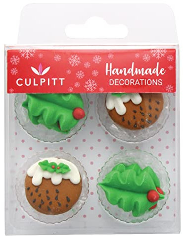 Culpitt Holly & Christmas Pudding Sugar Decorations, Edible Royal Icing Decorations, Multi-Coloured Green Festive Cake and Cupcake Toppers, Pack of 12