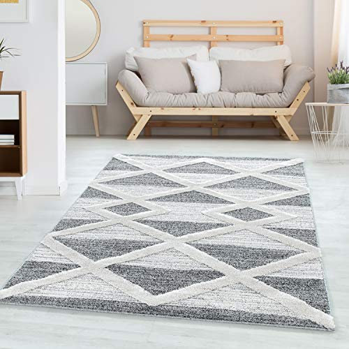 Carpettex Läufer 80x250 cm Creme Grau 3D Hoch-Tief Skandi Rauten