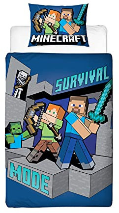 Minecraft Survive - Funda de edredón Individual con Licencia Oficial | Diseño Reversible de 2 Caras con Funda de Almohada a Juego, polialgodón, Azul (Individual)