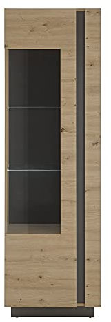 Lomadox Wohnzimmer Vitrinenschrank in Eiche Artisan Nb. mit Absetzungen in Graphit grau, B/H/T: ca. 60/194/40 cm