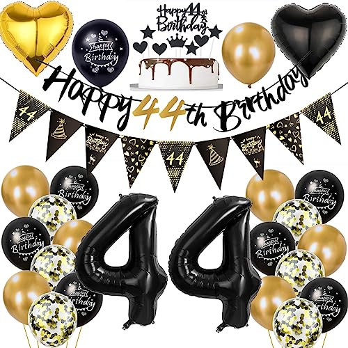 44 Geburtstag Deko Mann Frauen, Luftballon 44. Gold Schwarz Geburtstagsdeko 44 Jahre, Ballon Schwarz Gold Deko 44. Gold Schwarz 44 Jahr Geburtstagdeko