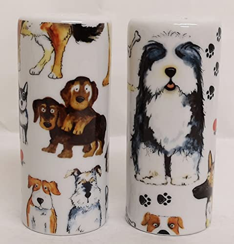 Dogs Salt & Pepper Ceramic Dog Collage Porcelain Round Salt & Pepper Cruet Set Hand Decorated in UK