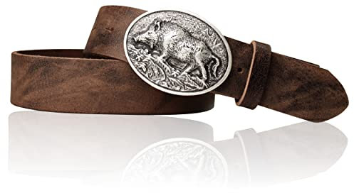 FRONHOFER Trachtengürtel mit Trachtengürtelschnalle Wildsau in Silber, 17952, Größe:Körperumfang 105 cm/Gesamtlänge 120 cm, Farbe:Vintage-braun