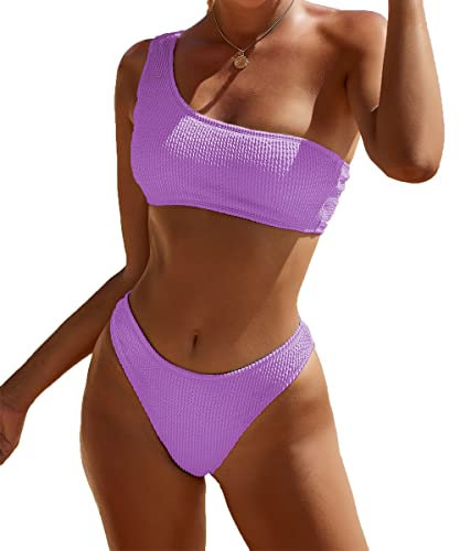 YIMISAN Bikini da donna a costine, monospalla, con vita media, due pezzi, Viola, M