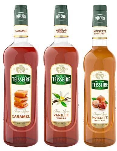 Sirupe für Latte und Macchiato Teiseire Cafes - Karamell, Vanille, Haselnuss - 2x70cl und 1x1l