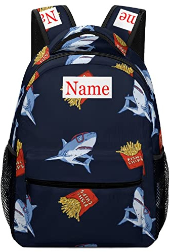 Mraxovid Rucksack mit Namen, personalisierbar, für Kinder, Schultasche, Jungen, Mädchen, Teenager, Tasche mit Brustgurt (20 l), Rucksack mit Haifisch- und Pommes-Motiv, L, Casual