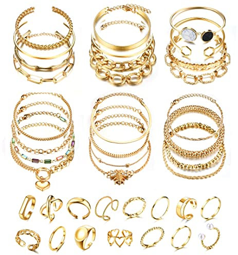 Adramata 39 Stück Gold Schmuck Set für Damen Mehrschichtige Armkette Armbänder Set Offene Manschette Wickelarmband Verstellbare Gold Ringe Stapelbare Gold Armband Damen Boho Schmuckset Damen