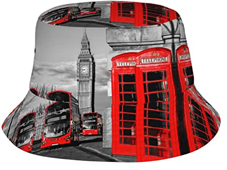 England UK Retro London Telefon Bedruckter Fischerhut, Unisex, trendig, leicht, Outdoor, heißer Spaß, Sommer, Strand, Urlaub, Kopfbedeckung, Schwarz, Schwarz, Einheitsgr��e