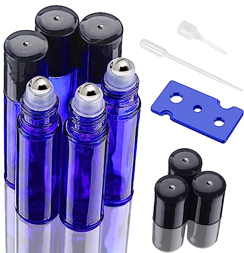 DKBT Flacon Roll On Vide 10ml 6pcs Roll On Huile Essentielle Vide Bouteil Verre Flacon Roller Rechargeable Avec Bille en Acier Inoxydable pour Parfums Aromathérapie Massage Voyage(Bleu