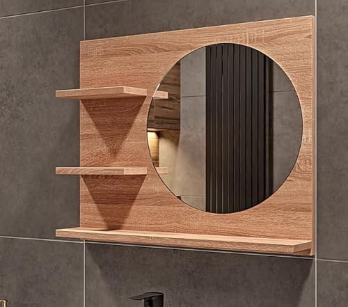 HAJDUK FURNITURE Badspiegel mit Ablage Sonoma-Eiche - 60 cm x 50 cm - Spiegel Rechts - Badezimmerspiegel - Bad Spiegel Rund - Wandspiegel - Spiegelschrank - Spiegel Durchmesser: 40 cm