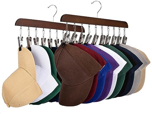 Hat Racks for Baseball Caps Sangle Sopffy 2PCS Wooden Hat Hanger With 10 Rubber-Coated Stainless Steel Clip,Hat Organizer for Hat Storage Organizer,Fit for All Caps,Clothing Accessories,Brown.