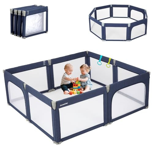 laufgitter Faltbar für Baby und Kleinkinder, Einstellbare Form & Größe, Gepolsterter Rahmen & Netzwände, Spielgehege für Innen & Außen, 180x200cm, Marineblau