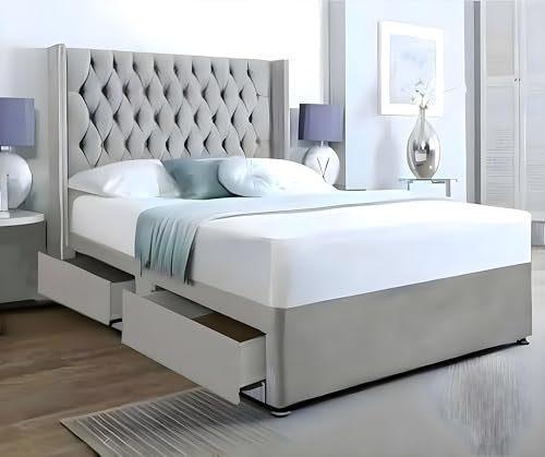 Divan Beds Deals | Parka Plush Grey Divan Bed | Double Bed Frame with 48” Wingback Chesterfield Headboard, 2 Storage Drawers & 10” Spring Memory Foam Mattress(4FT6 Double)