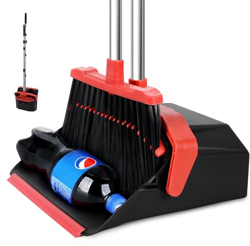 Tiumso Upgrade Broom with Dustpan Combo Set, Broom and Dustpan Set with 51'' Long Handle, Dust Pan and Brooms, ZeroGap Lip, Self-Cleaning Dustpans Teeth for Lobby Kitchen Restaurant - Black and Red