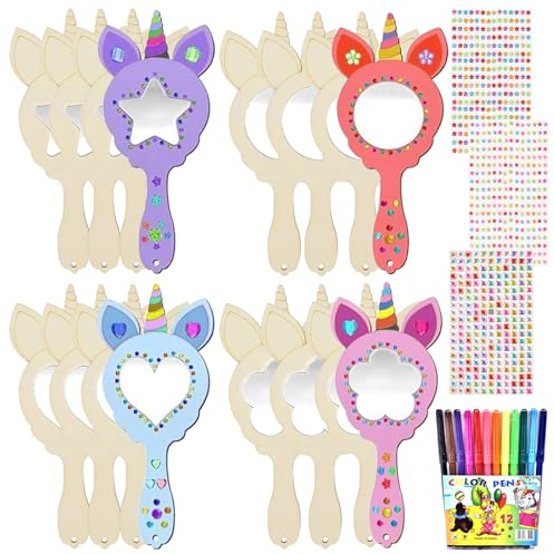 Seasboes Einhorn Basteln, 12 Stück Prinzessin DIY Holzspiegel, Einhorn Basteln, Spiegel Basteln Kinder, Kinder DIY Handgefertigte Handwerk, Mini Holz Spiegel Unvollendete Handspiegel für Kinder