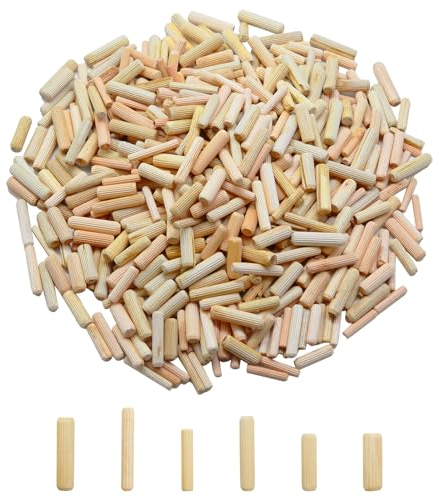 Pumuky 600 Pcs Assortiment de Tourillon Bois,Tourillons ein Bois,Chevilles en Bois Massif Rainurées pour Fraisage,Réparation de Meubles,Artisanat, Bricolage(6 Tailles), MSZ-600, Jaune