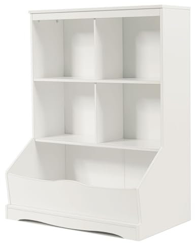 Maxmass Kids Toy Organizer, Wooden Children Bookcase with Shelves and Compartments, Free Standing Toddlers Storage Unit for Study, Playroom, Bedroom, Kindergarten (White)