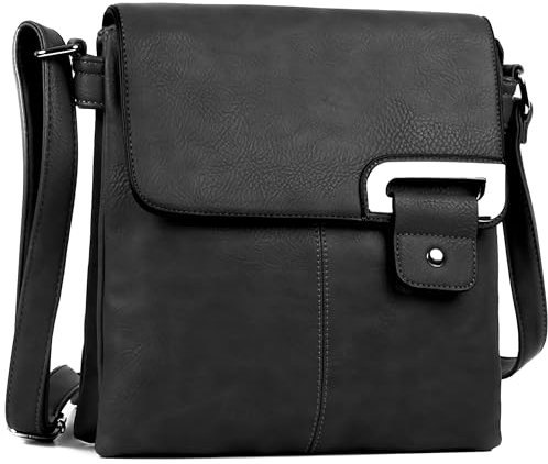 AOSSTA Women's Cross Body Shoulder Messenger Bag Multiple Slip and Zip Pockets Handbag with Storage Pocket Adjustable Strap (Black)