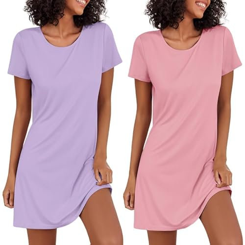Ekouaer Chemise de Nuit Manches Courtes 2pcs Tee Shirt de Nuit Femme Coton Robe de Nuit Col Rond Vêtements de Nuit Sexy, Violet + Rose, XL