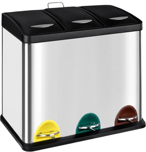 T-LOVENDO.ES Cubo de Basura reciclaje 3 compartimentos, Papelera triple de cocina, 3x 8 L, de acero, con pedal, tres colores. Fácil de limpiar.