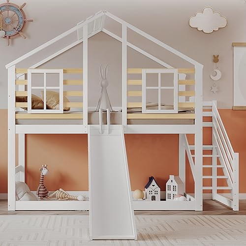 Ctastay Letto a Castello per Bambini 90x200, in Legno Massiccio con Scale, Recinzione, Scivolo e Finestra, Bianco, Materasso Non Incluso