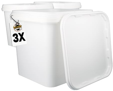 3 Eimer mit Deckel 5l Weiß Eckig | Kunststoffeimer Lebensmittelecht, luftdicht und stabil | Leer Eimer mit Griff und Deckel für Lebensmittel Chemie Klebstoffe
