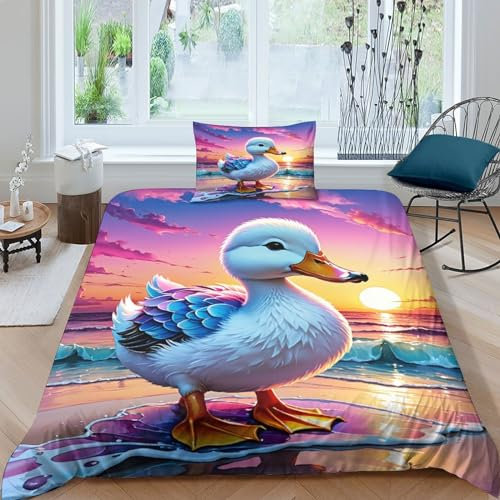 TNFHSOFT Süße Ente Bettbezug Set 3D Bettwäsche 3-teiliges Set Bettbezug Weiche Mikrofaser Für Kinder Teens Erwachsene Mit Reißverschluss Verschluss Single（135x200cm）