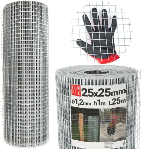 Volierendraht - Stahl verzinkt, 25x25, Ø 1.2 mm, 1m x 25m, Hasendraht Kaninchendraht, Drahtgitter Schweißgitter Maschendraht, Wühlmausgitter für Garten, Maschendrahtzaun, Lun Fix