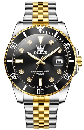 OLEVS Armbanduhr Herren Gold Silber Edelstahlband Business Kleid Uhren Großes Gesicht Schwarz Wählscheibe Analoger Quarz Herren Uhren Wasserdicht Leuchtend Diamant Uhr Männer mit Datum