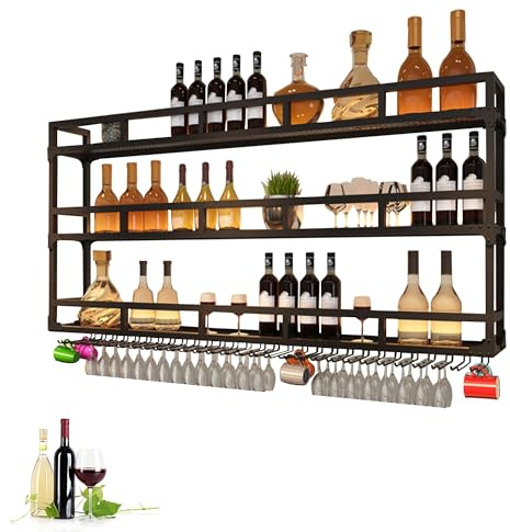 Botellero Vino de Pared Mueble Bar Garrafeira de Vino Wine Rack Estanterias Colgantes con Soporte Copas Colgante y Luz LED para Salon Barra para Bar Mini Bar para Casa Sala de Estar y Cocina(Nero,150c
