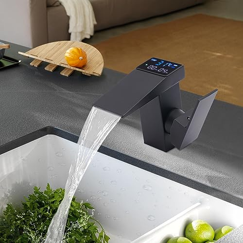 OUBUBY Rubinetto per bagno nero, miscelatore a cascata, miscelatore monocomando da cucina, con display digitale a LED, temperatura dell'acqua regolabile, adatto per cucina, bagno, sala da pranzo