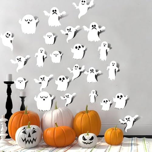 63 Stück Halloween Deko 3D Geister Fensteraufkleber, Halloween Fensterdeko Halloween Geist Wandtattoo PVC Abnehmbare Halloween Fensterbild für Halloween Dekoration Supplies Fenster Wanddekoration