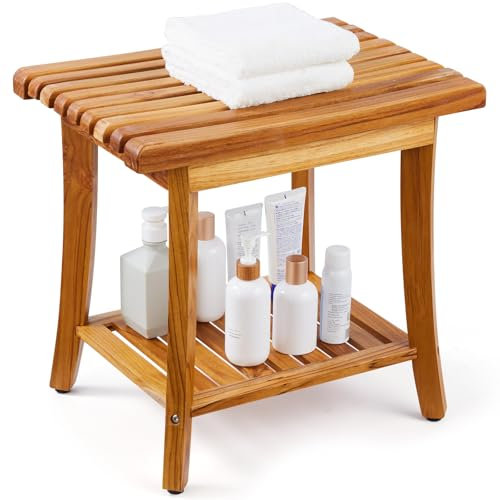VEVOR Banc de douche en teck, 500 x 363 x 455 mm, tabouret de douche en bois imperméable avec étagère de rangement, coussinets antidérapants, 180 kg, pour douch intérieure et extérieure, salle de bain