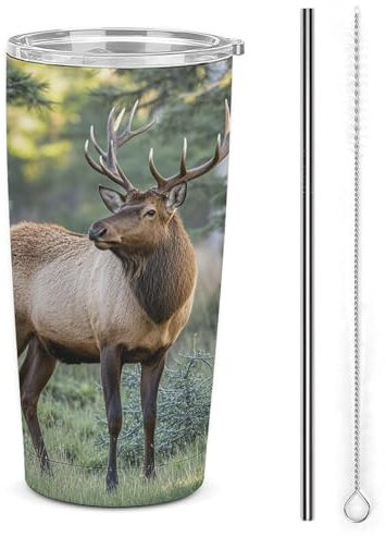 Isolierter Reise-Kaffeebecher aus Edelstahl, Motiv: Herbst-Elch, Hirsch, wiederverwendbar, Autobecher, Thermobecher für den Außenbereich, mit Strohhalm und Deckel