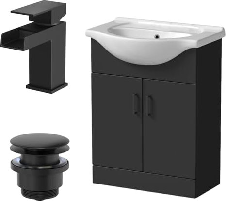 Affine® 650mm Bathroom Vanity Unit Ceramic Sink Floorstanding Storage Cabinet Cupboard & Black Waterfall Basin Tap & Waste Set, Matt Black