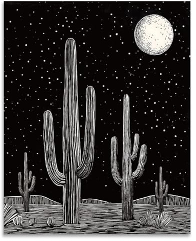 SUPERDANT Wanddrucke Kakteen Unter Dem Mond Vintage Wandkunst Poster Wandposter Drucke Für Wände Pflanzenposter Wandmalerei Für Schlafzimmer Kunstwerk Ästhetische Poster Ungerahmt 28x35cm