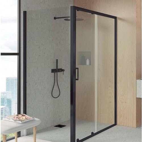 Mampara De Ducha Angular Negro F2 - Anti - Cal 1 Fija + 1 Corredera + Lateral Fijo - 80x100cm