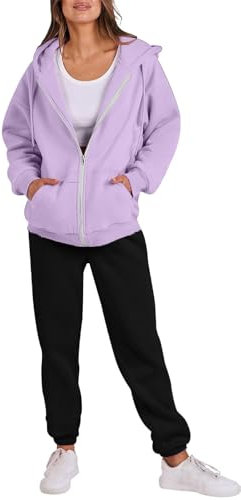 Generisch Jogginganzug Damen Oversize Trainingsanzug Hausanzug Sportanzug Freizeitanzug Loungewear Kapuzenpullover Jogginghose 2 Teilig Set Sportbekleidung 2025(2-Light Purple,XXL)