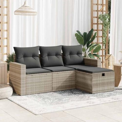 Emmtore 4-TLG. Garten-Sofagarnitur mit Kissen Poly Rattan,1 x Mittelsofa+2 x Sofa mit Armlehnen+1 x Fußhocker,Hellgrau,mit Aufbewahrung & Tasche