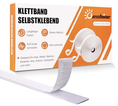 Beshine Klettband selbstklebend, 20mm x 8m Premiumqualität Doppelseitiges Klebeband mit Klettverschluss Selbstklebend und Hakenband(Weiß)