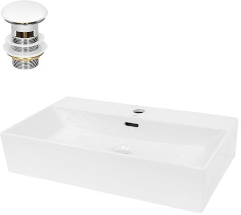LuxeBath Waschbecken Keramik 605x365x130 mm eckig Weiß mit Ablaufgarnitur Weiß, Aufsatzwaschbecken Badezimmer/Gäste-WC, Aufsatzbecken, Hängewaschbecken Wandmontage, Waschtisch Waschschale Waschplatz