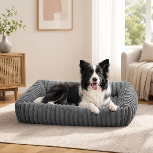 Oveppy Dog Beds Large Washable, Super Soft Rectangle Dog Bed | Warming Furry Pet Bed with with Bolster Sides & Removable Washable Cover, Grey, 76x61x23cm
