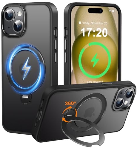 PuyaTeya für iPhone 15 Hülle mit 360° Magnet ständer, Matt Schwarz | Militärischer Schutz, Anti-Rutsch/Kratzfeste, unterstützt Quer-und Hochformat HandyHülle Für iPhone 15