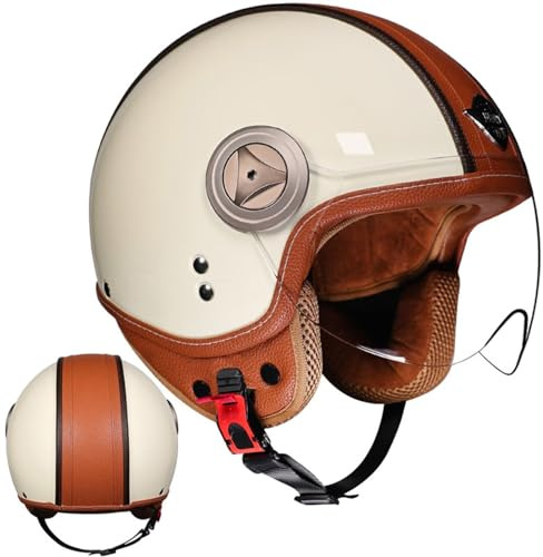 TIGLEMINS Casco Moto Retro Omologato DOT ECE, Casco 3/4 in Vera Pelle con Visiera Uomo, Donna, Stile Vintage Scooter per