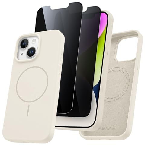 Pnakqil Magnética Funda para iPhone 14/iPhone 13 con 2 Piezas Protector Pantalla Antiespia, Compatible con MagSafe Silicona Líquida Carcasa, Antigolpes TPU Silicona Case para iPhone 14/13, Blanco
