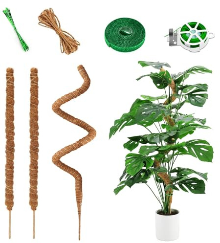 AURIVEE Rankhilfe Kletterpflanzen Stab - 120cm+60cm 3-teiliges Set Biegsamer Kokosfaser Moosstab mit Juteseil Klettband für Monstera Efeutute Indoor Outdoor